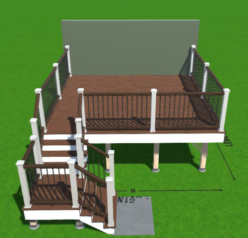3D model of a large 16x16 square deck plan with stairs and black railing with labeled dimensions.