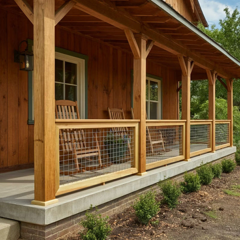 Deck Combining Hog Wire With Wooden Posts And Railings