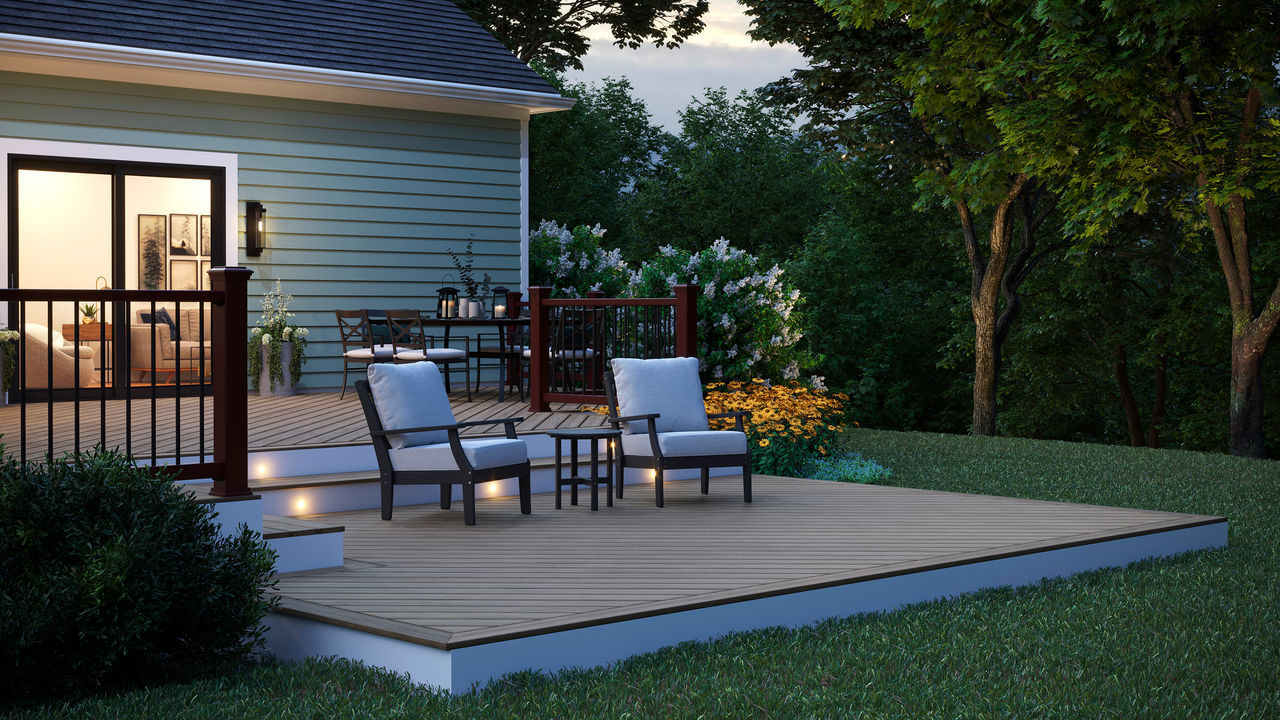Wood Deck In The Evening With Chairs