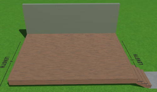 3D model of a large 16x20 deck plan with stairs and labeled length dimensions.