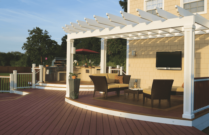 Composite Deck With Multiple Levels Pergola And Kitchen Area