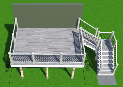 3D rendering of a medium 12x16 deck plan with wraparound stairs and labeled dimensions.